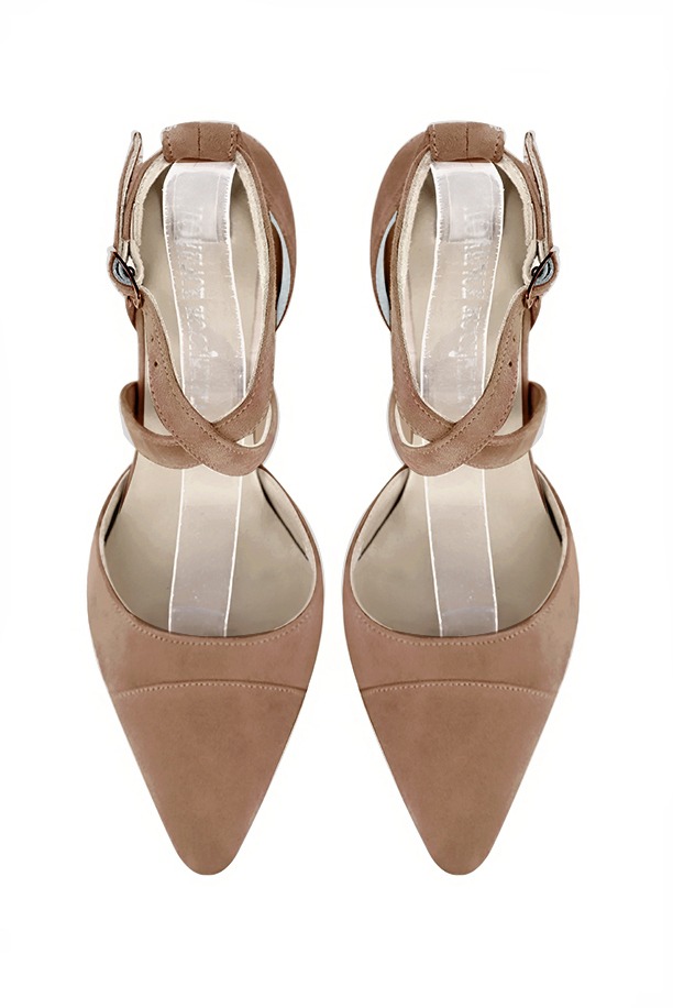 Biscuit beige women's open side shoes, with crossed straps. Tapered toe. Medium comma heels. Top view - Florence KOOIJMAN